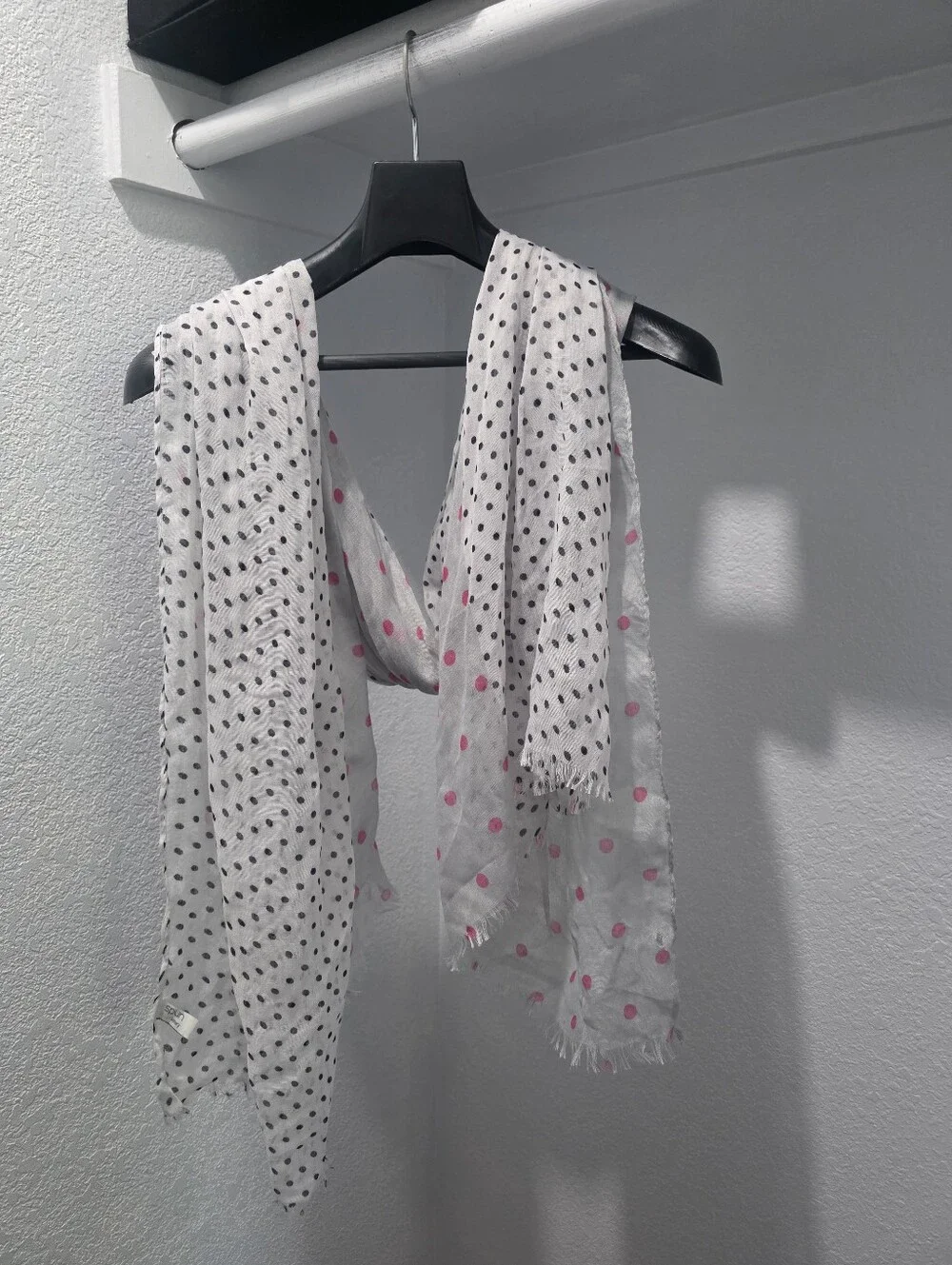 Gray Scarf With Black And Pink Polka Dots